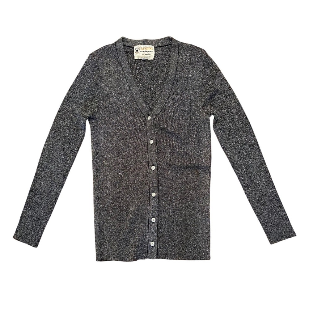 Vintage Bandini Silver Metallic Cardigan Sweater V-Neck Button Front‎ M